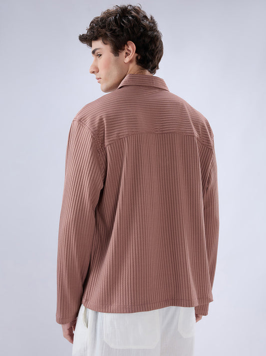 Warm Peach Dual Weave Striped Oversized Polo Knit Shirt