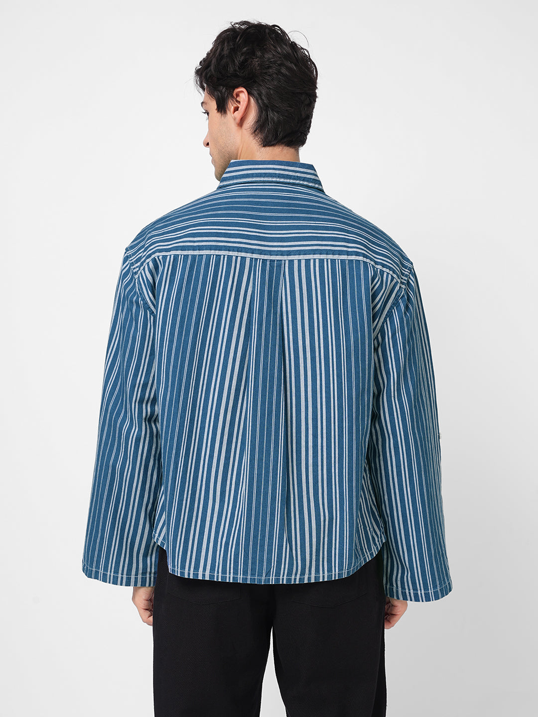 Denim Blue & White Bold Striped Cuffless Oversized Crop Shirt