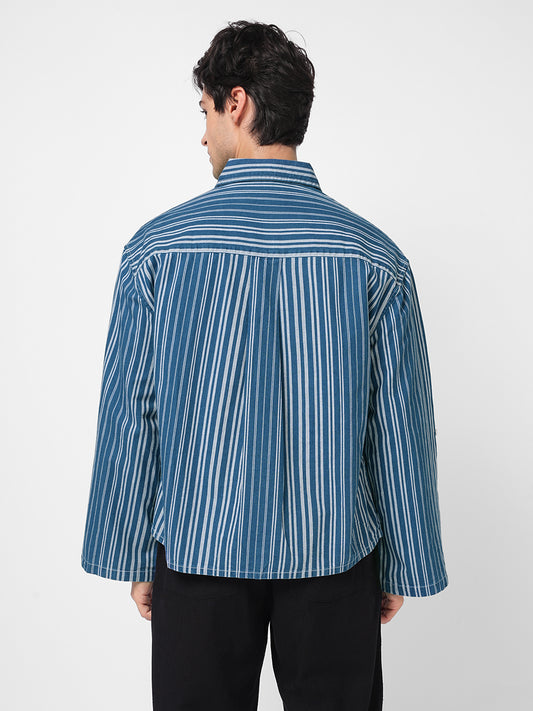 Denim Blue & White Bold Striped Cuffless Oversized Crop Shirt