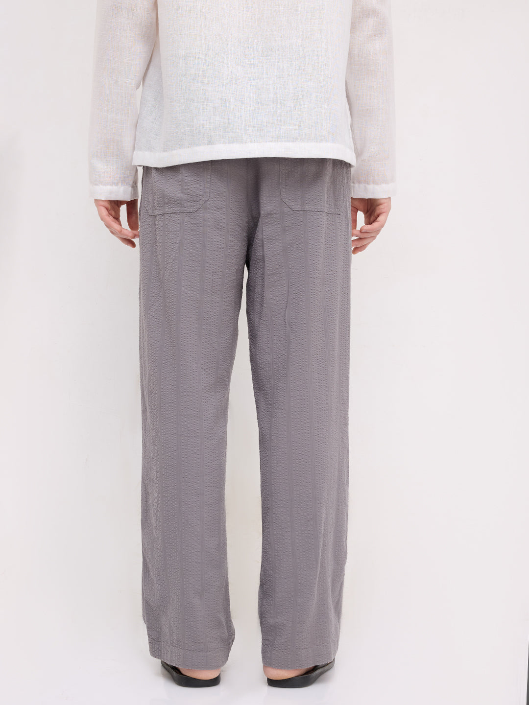 Solid Grey Seersucker Striped Straight Fit Trousers