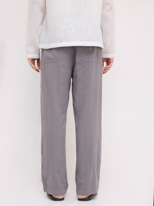 Solid Grey Seersucker Striped Straight Fit Trousers