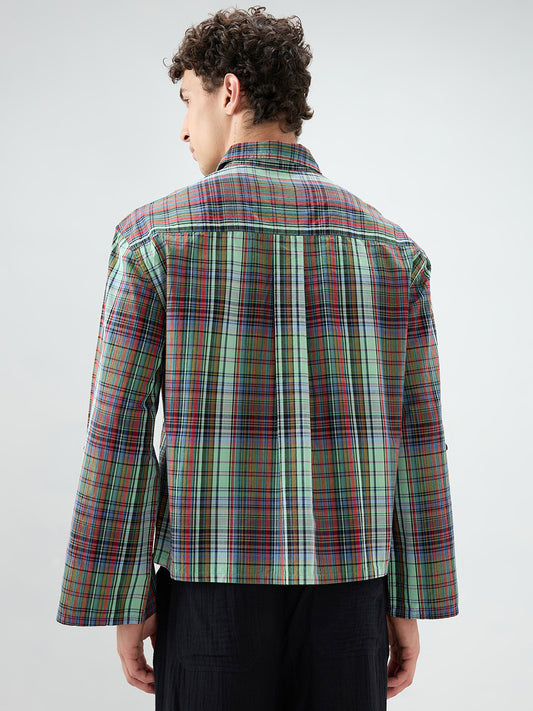 Evergreen Multi Stripe Fusion Checks Cuffless Oversized Crop Shirt