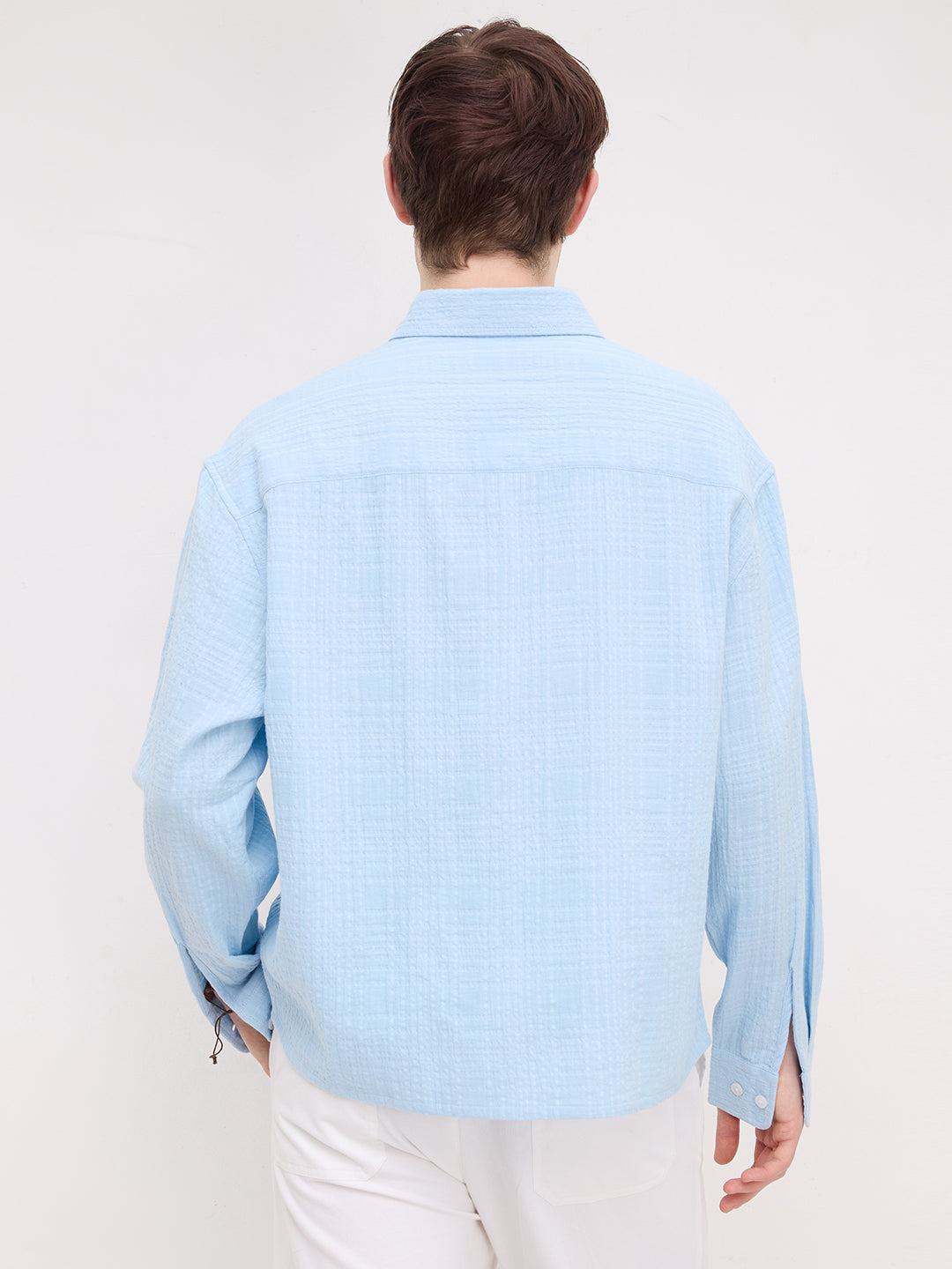 Ice Blue Geometrical Textured Boxy Fit Crop Shirt