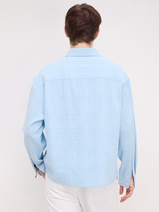 Ice Blue Geometrical Textured Boxy Fit Crop Shirt