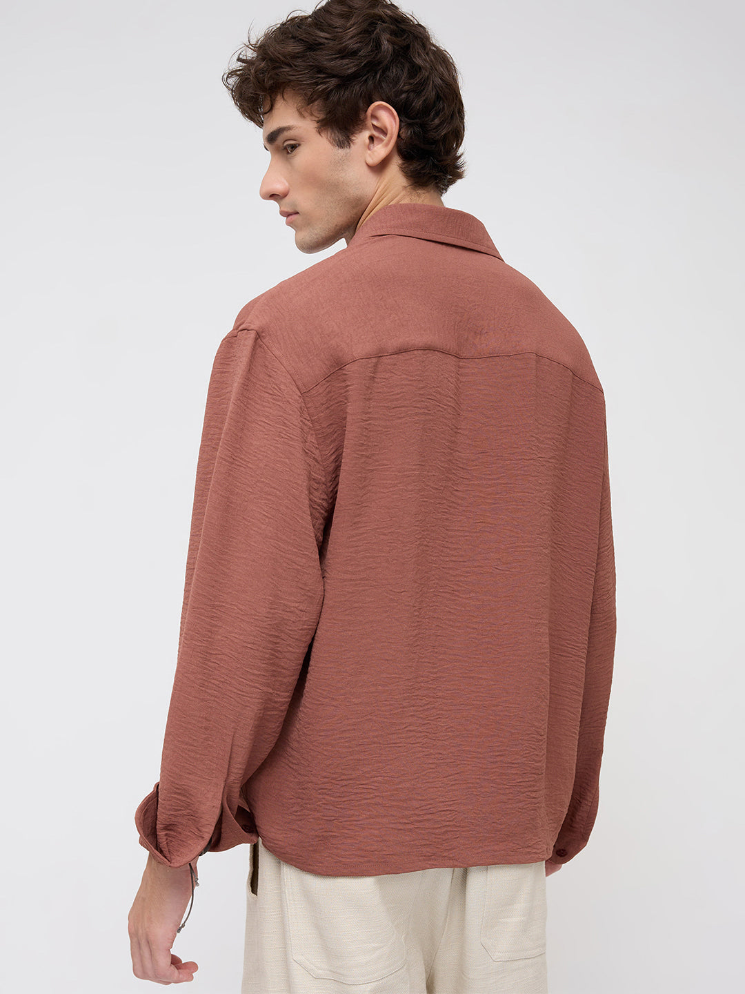 Russet Brown Crinkled Boxy Fit Crop Shirt