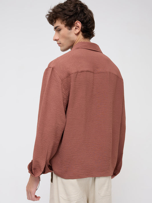 Russet Brown Crinkled Boxy Fit Crop Shirt