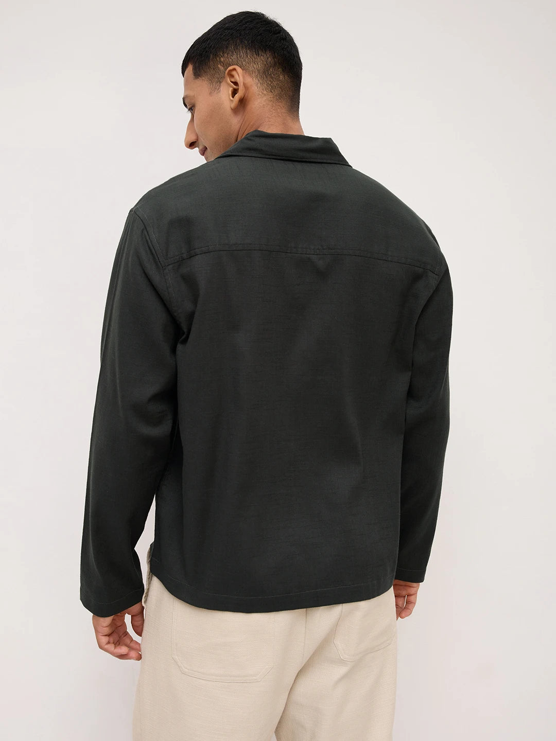 Forest Green Fine Sheer Slub Textured Oversized Notch Collar Shirt