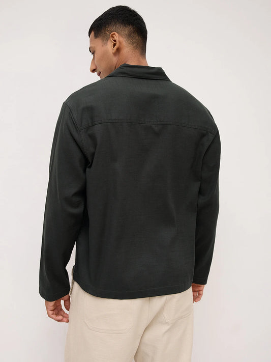 Forest Green Fine Sheer Slub Textured Oversized Notch Collar Shirt