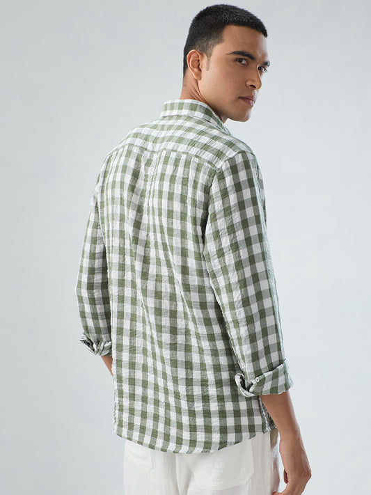 Plush Forest Green & White Gingham Checks Crinkled Shirt