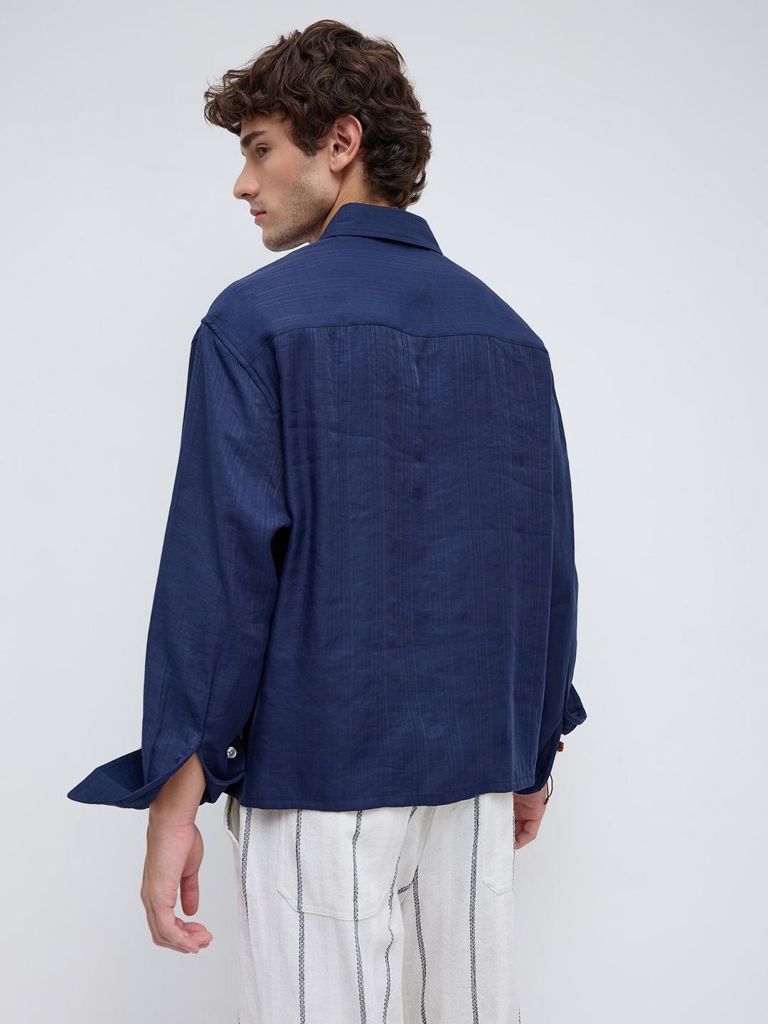 Lustre Navy Striped Weave Boxy Fit Crop Shirt