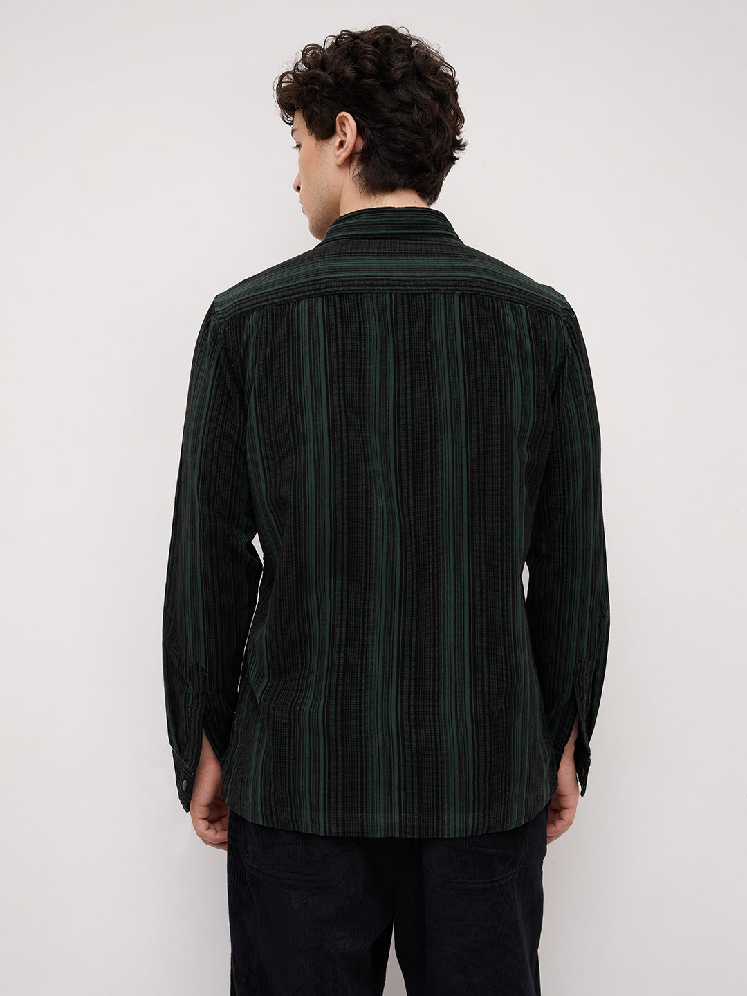 Dark Green Striped Double Pocket Corduroy Shirt