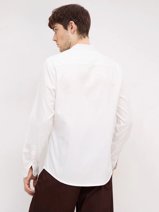 Snow White Herringbone Textured Mandarin Shirt