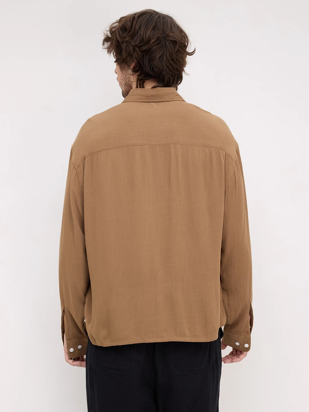 Chocolate Brown Crepe Textured Boxy Fit Crop Shirt