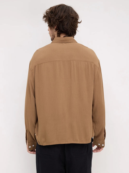 Chocolate Brown Crepe Textured Boxy Fit Crop Shirt