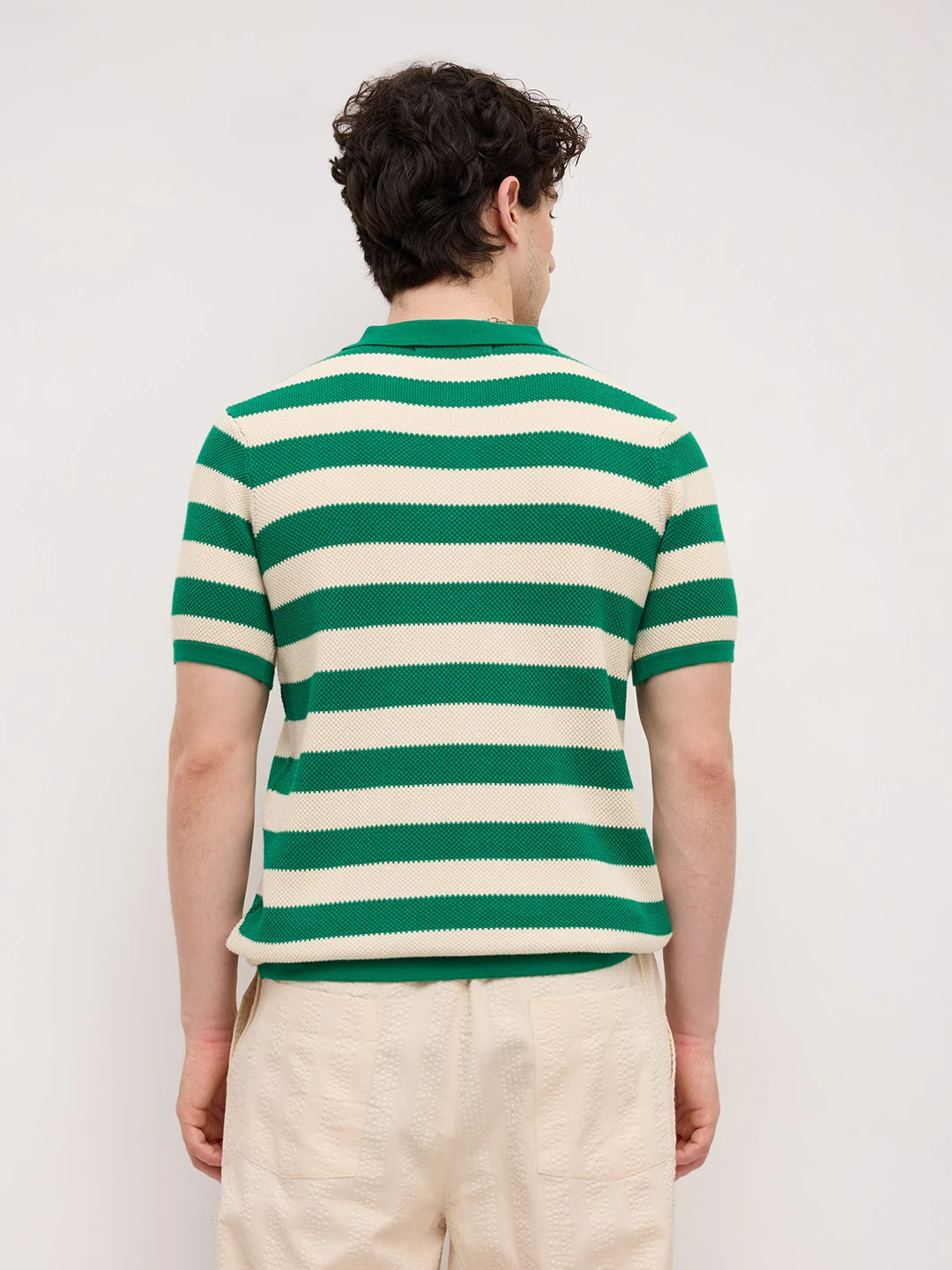 Emerald Green Coast Striped Flat Knit Polo T-Shirt