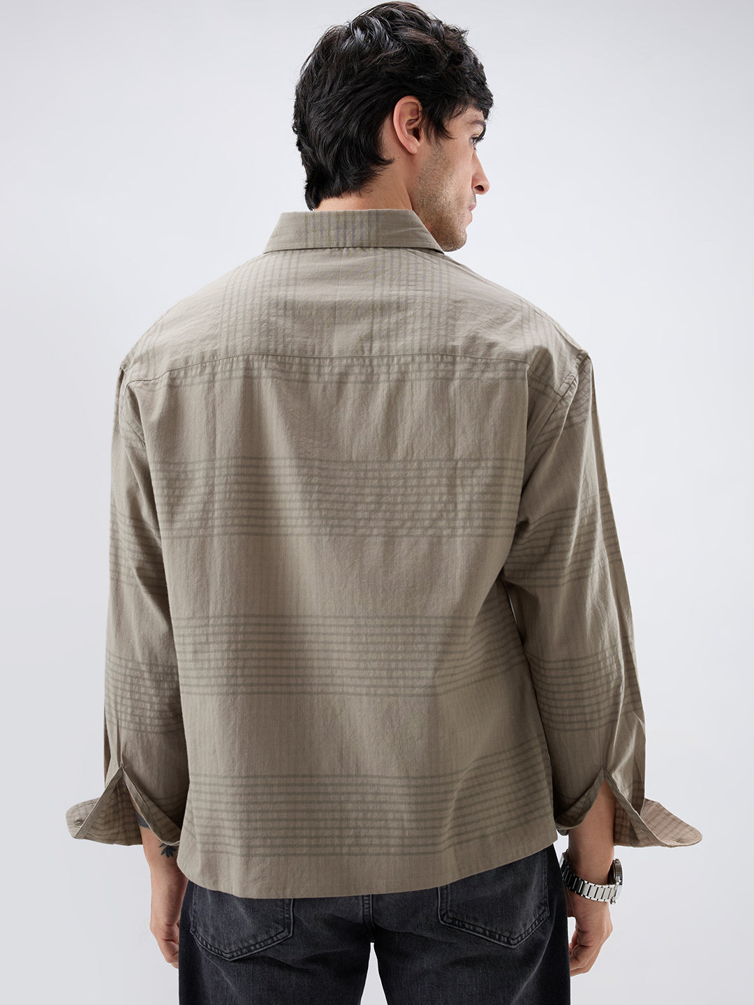 Olive Horizontal Striped Boxy Fit Crop Shirt