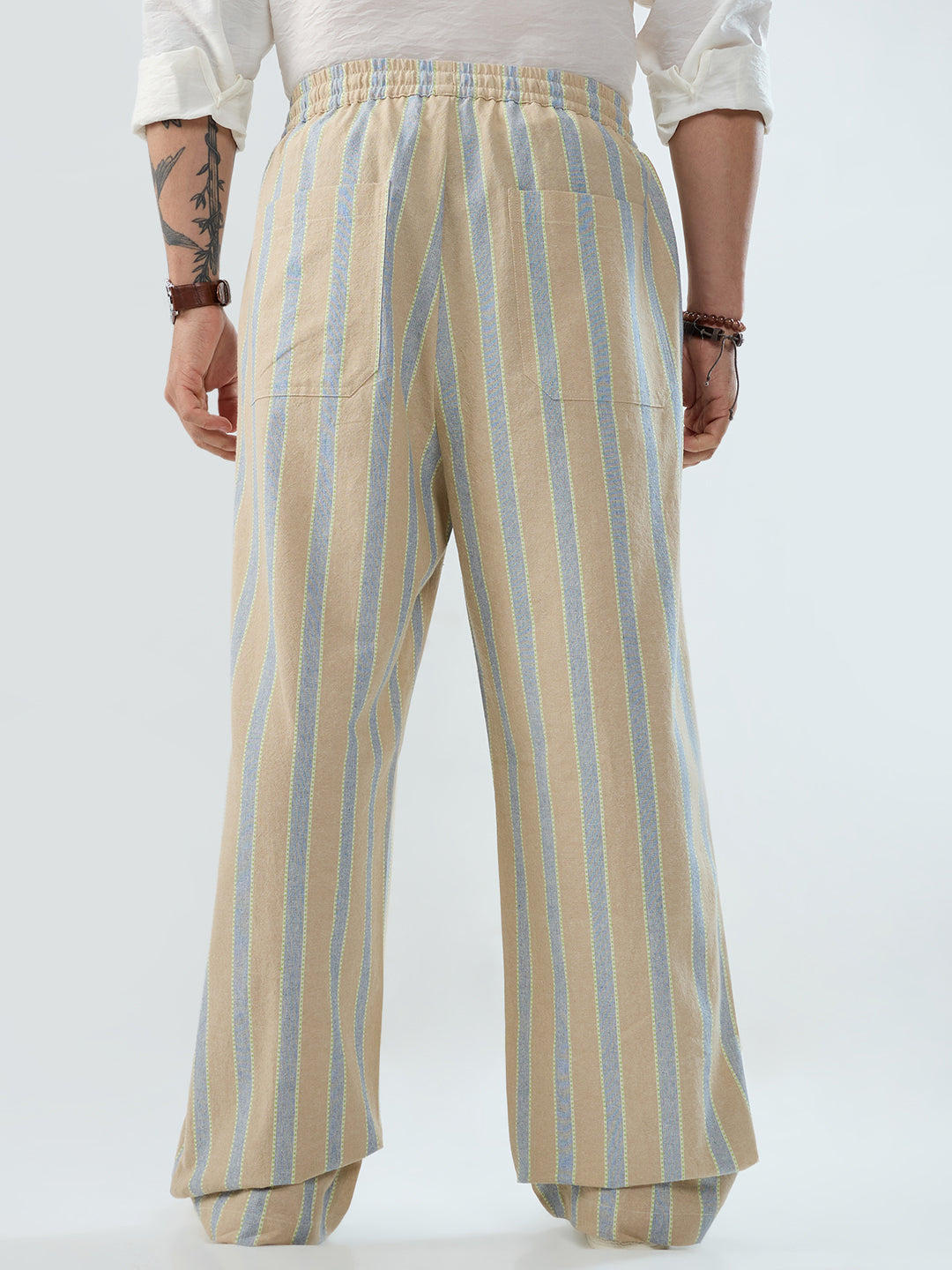 Camel Beige & Navy Striped Straight-Fit Trousers