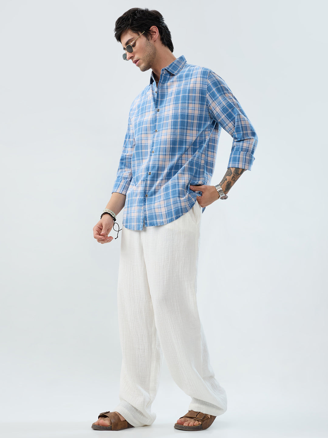 Denim Blue & Peach Plaid Checks Shirt