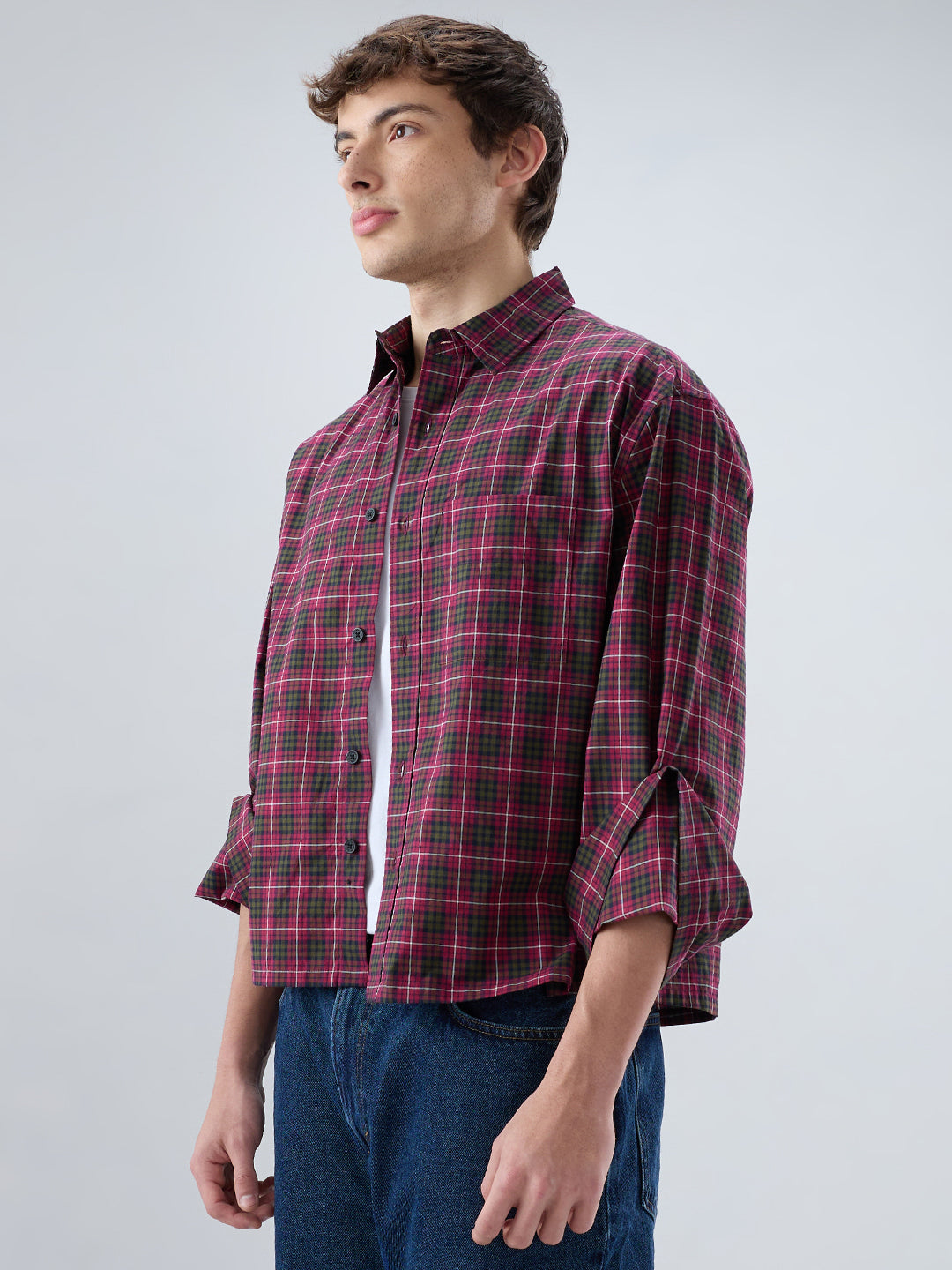 Pink & Olive Plaid Checks Cuffless Oversized Crop Shirt