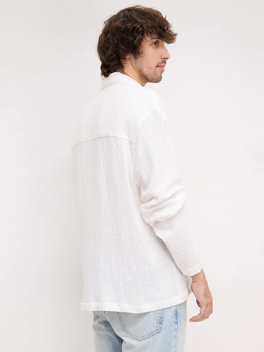Snow White Double Cloth Notch Collar Oversized Shirt