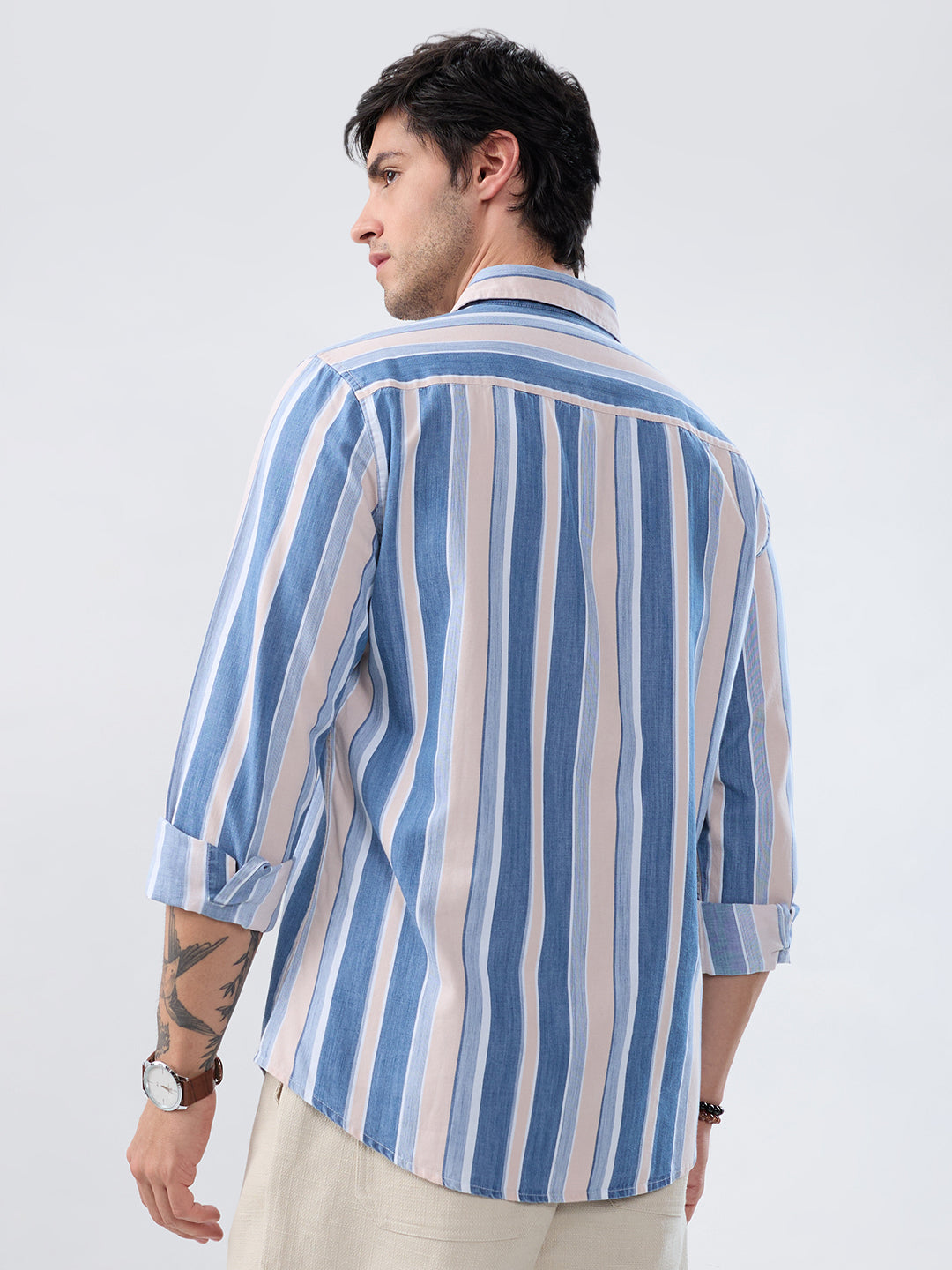 Denim Blue & Peach Broad Striped Shirt