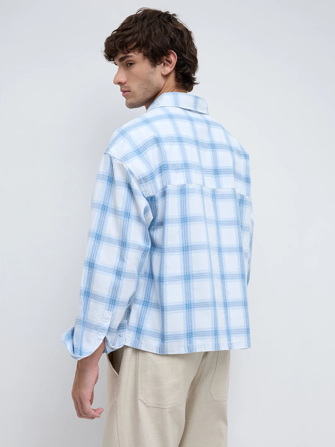 Timeless Denim Plaid Checks Twin Pocket Oversized Crop Shirt