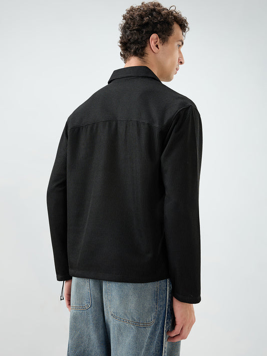 Black Refined Textured Knitted Oversized Polo Shirt
