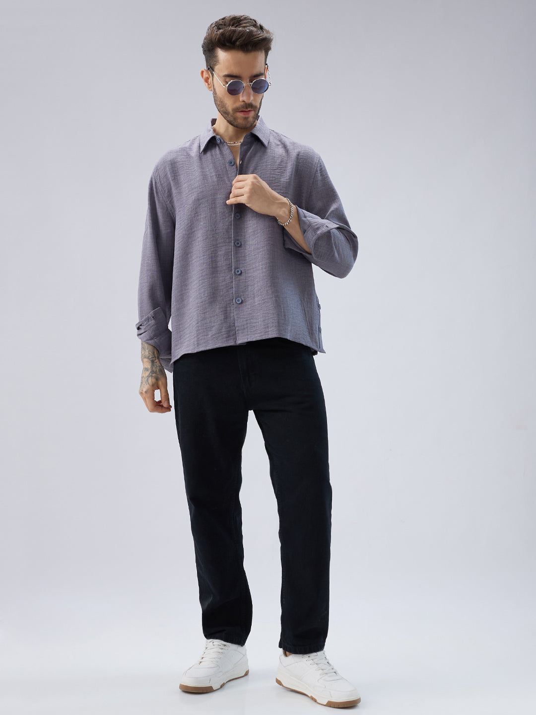 Pebble Grey Slub Textured Side-Slit Button Oversized Crop Shirt