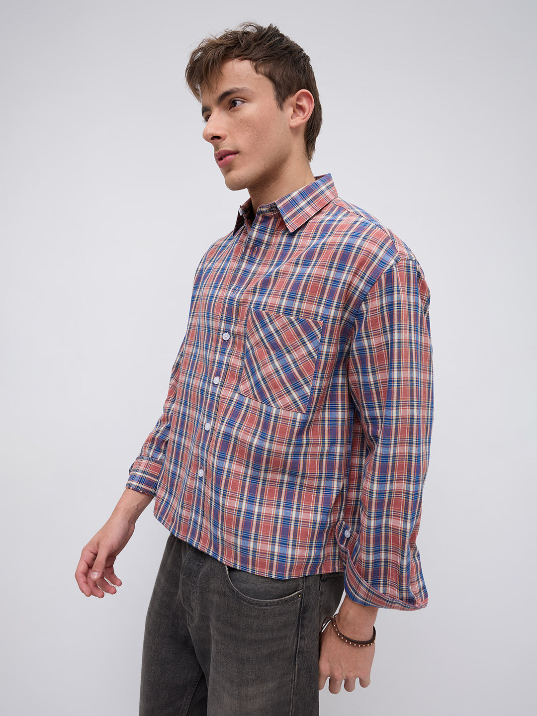 Sunset Denim Multi Checks Linen Blend Boxy Fit Crop Shirt