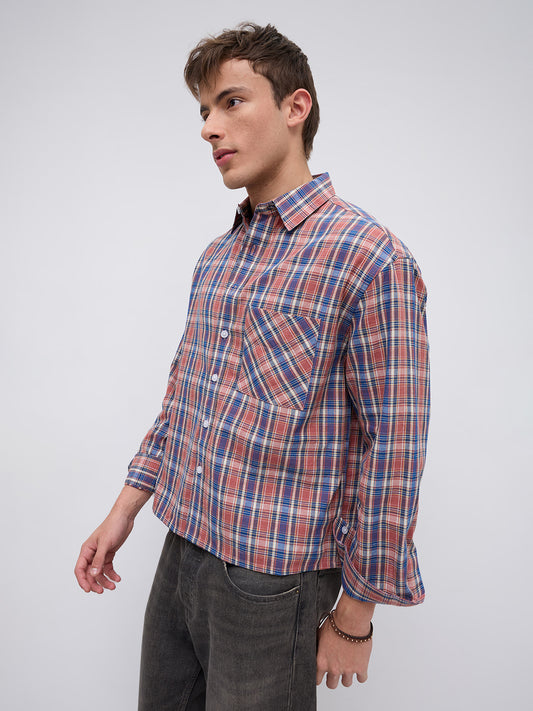Sunset Denim Multi Checks Boxy Fit Crop Shirt