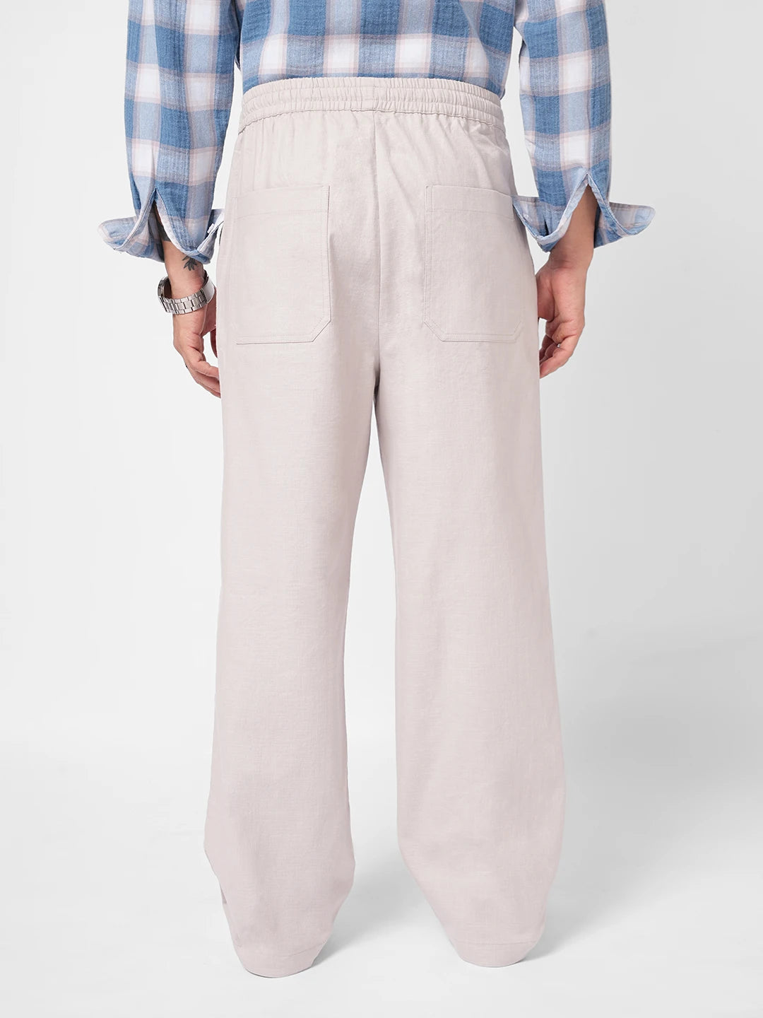 Tea Green Slub Weave Straight Fit Trousers