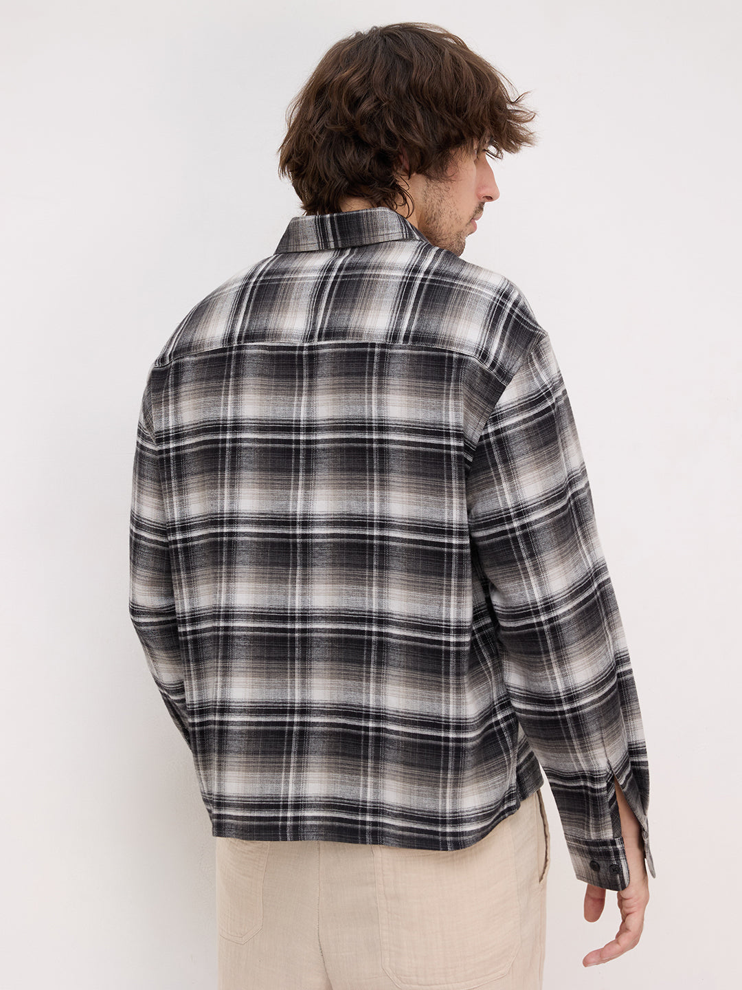 Rich Monochrome Winter Plaid Checks Flannel Boxy Fit Crop Shirt