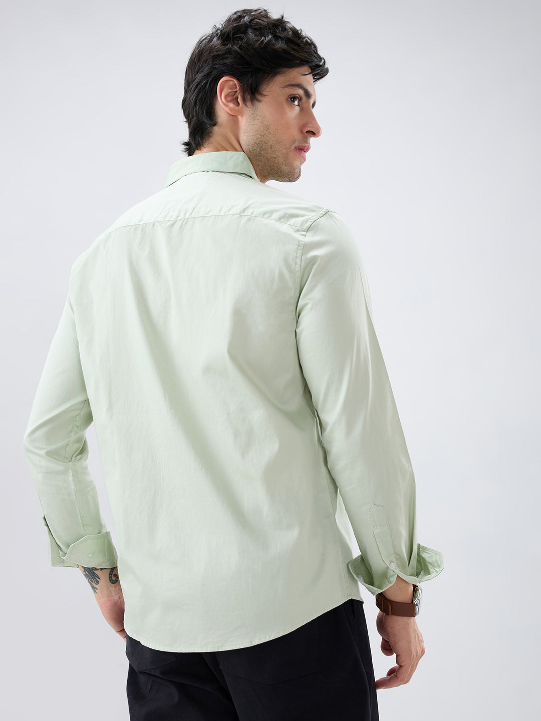 Tea Green Button-Down Collar Satin Shirt