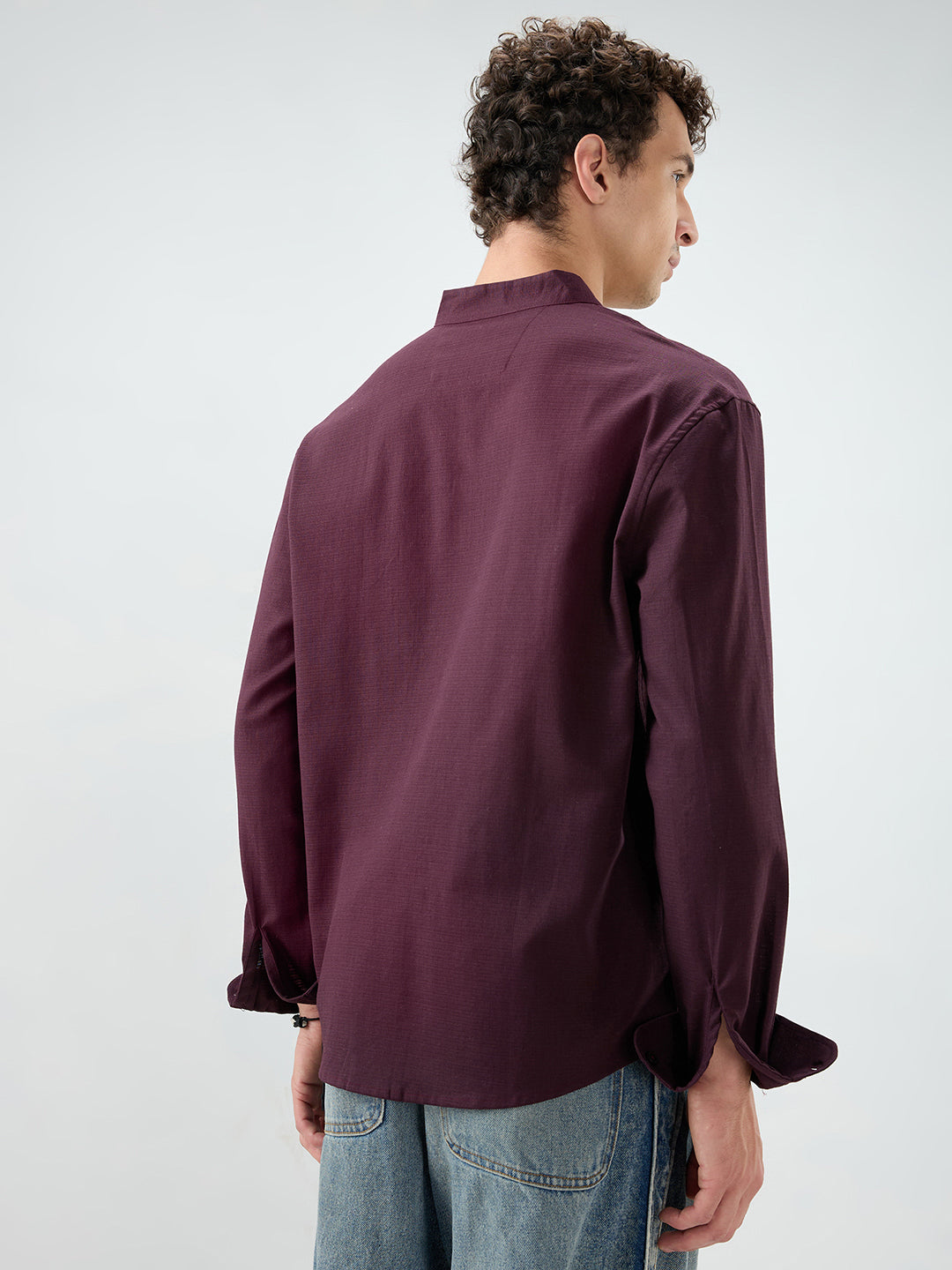 Maroon Fine Weave Oversized Stand Collar Shirt