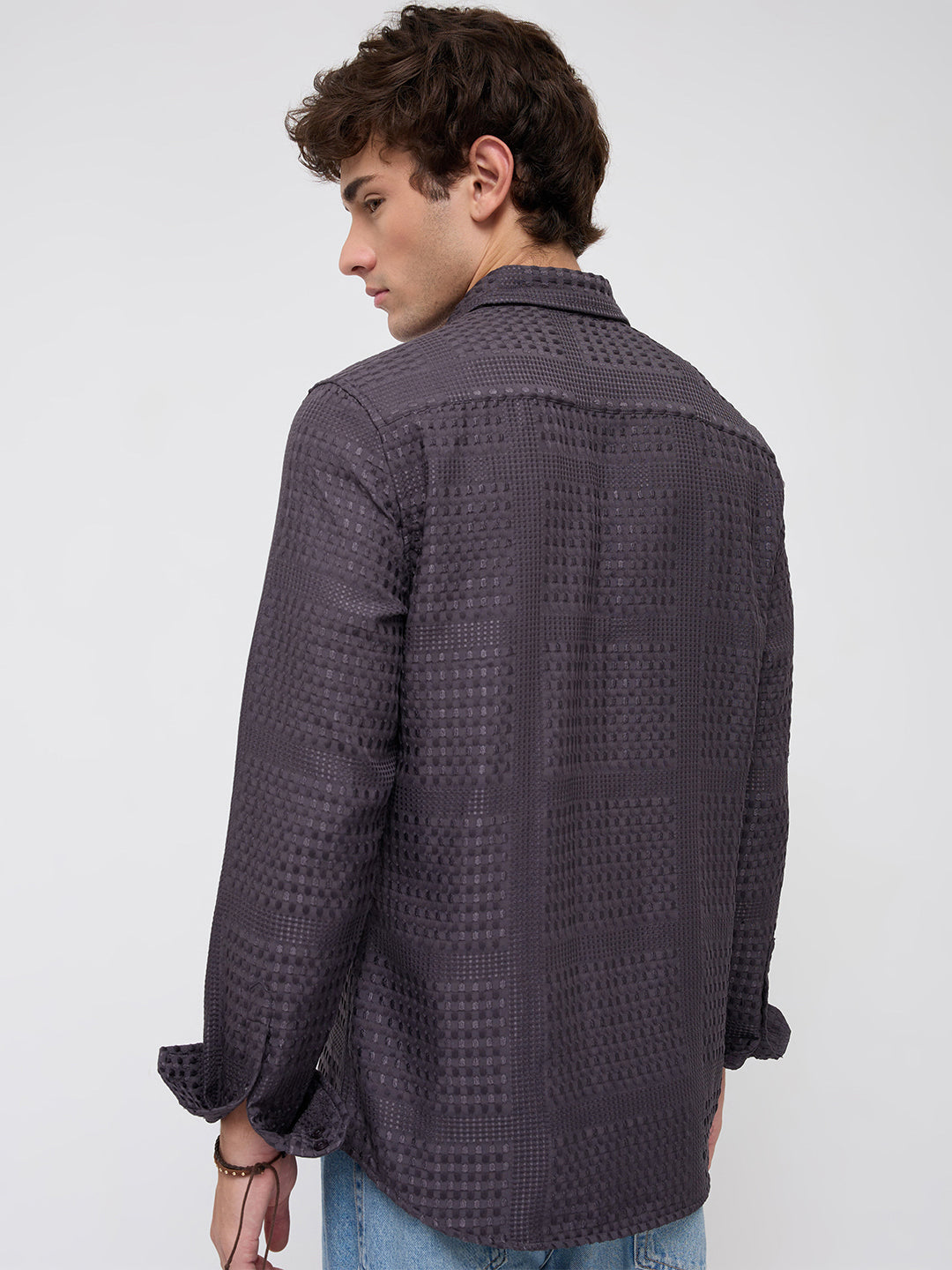 Charcoal Grey Geometric Grid Embossed Textured Shirt