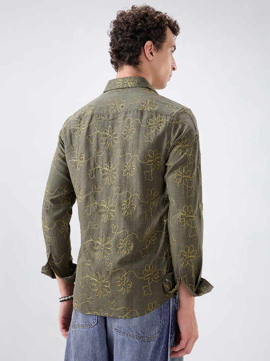 Olive Slub Textured Floral Contrast Embroidered Shirt