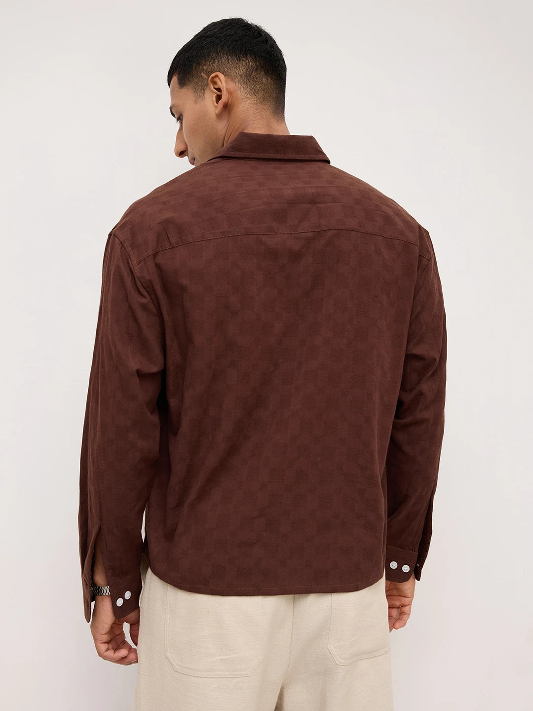 Coffee Brown Square Weave Boxy Fit Crop Shirt