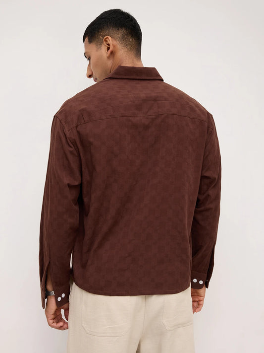 Coffee Brown Square Weave Boxy Fit Crop Shirt