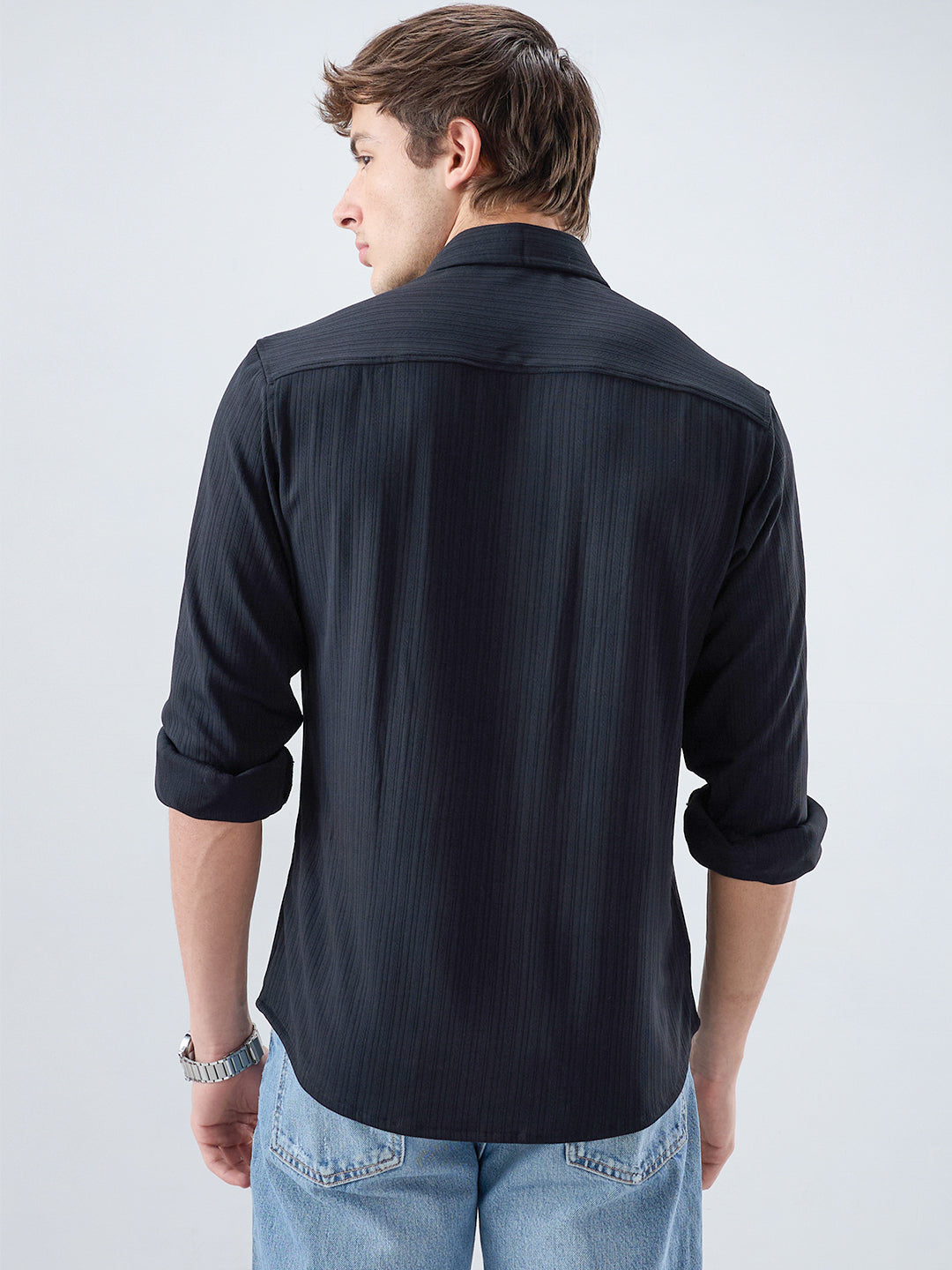 Timeless Black Fine Vertical Ribbed Knitted Shirt