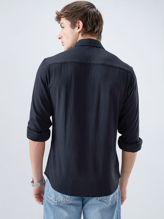 Timeless Black Fine Vertical Ribbed Knitted Shirt