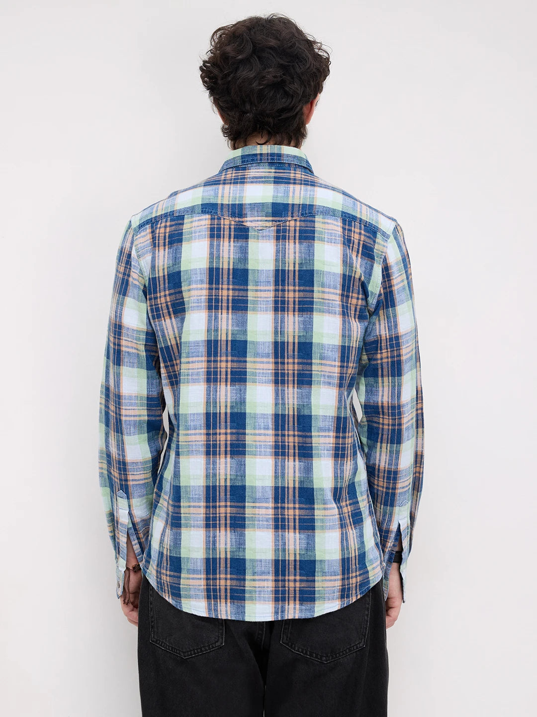 Luxe Denim Contrast Plaid Checks Twin Pocket Shirt