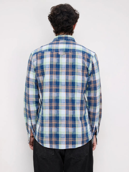 Luxe Denim Contrast Plaid Checks Twin Pocket Shirt