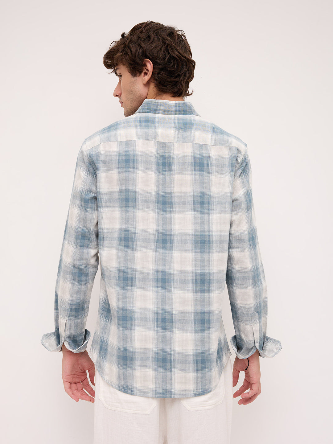 Premium Slate Blue & White Linen Blend Plaid Checks Shirt