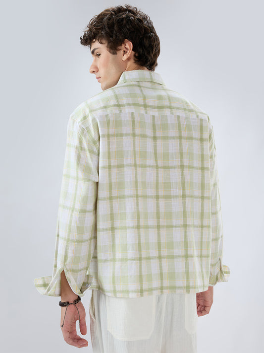 Premium Spring Green Fine Weave Linen Blend Boxy Fit Crop Shirt