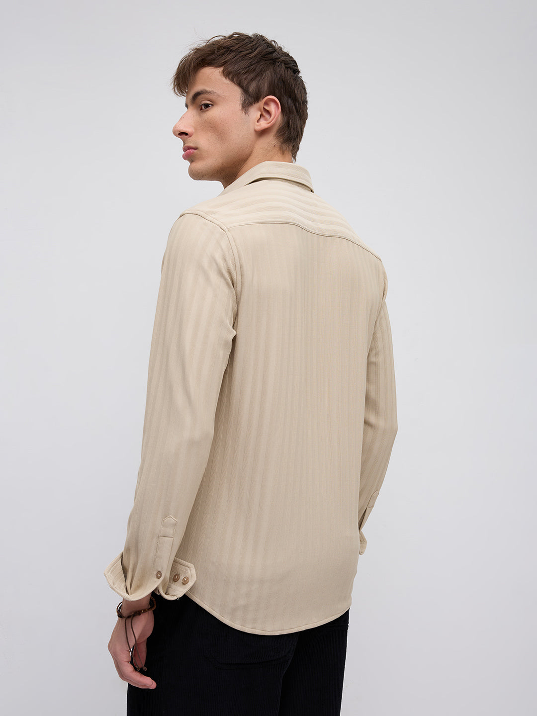 Sandstone Linear Rised Striped Textured Shirt