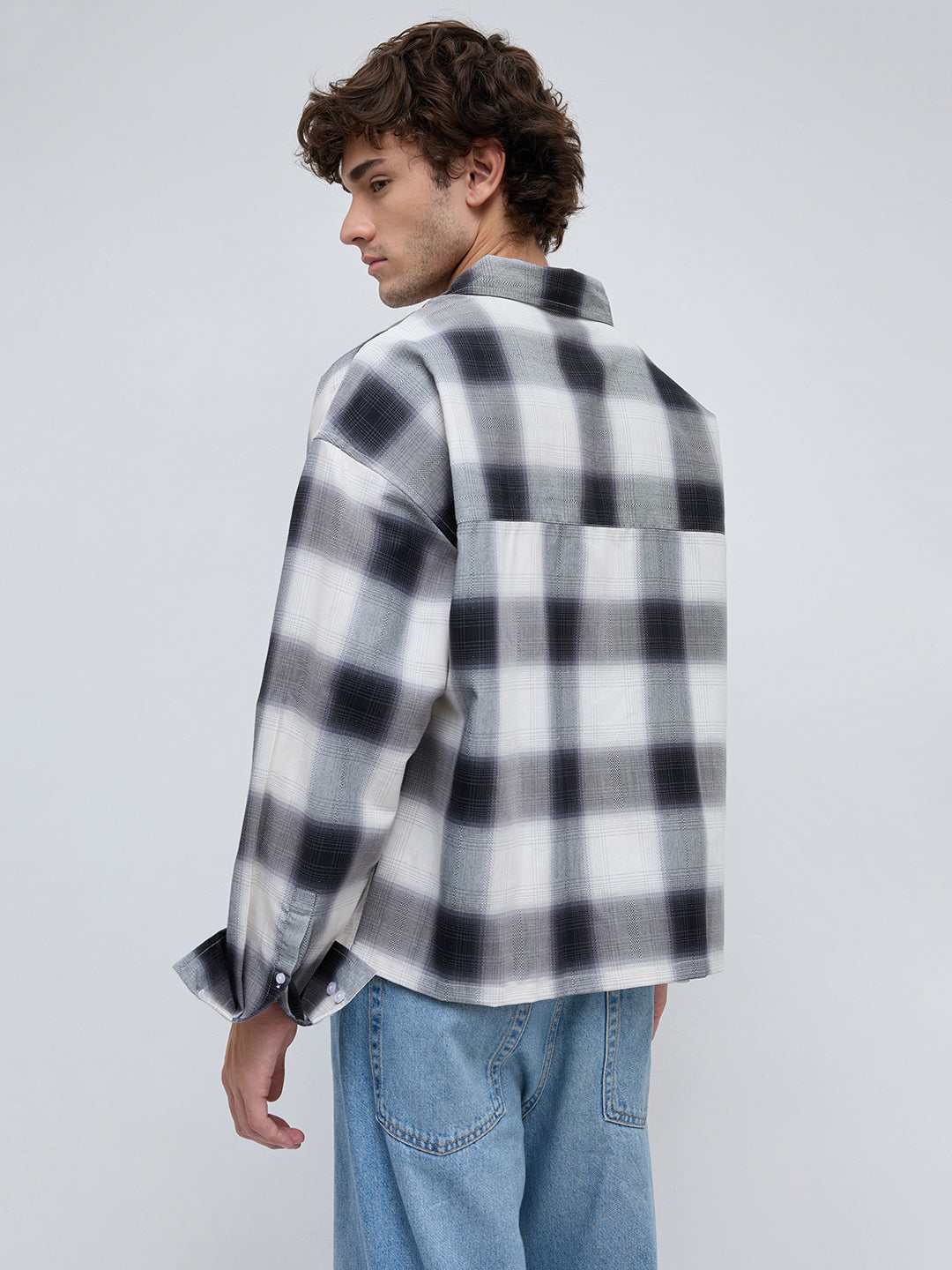 Monochrome Bold Grid Boxy Fit Crop Utility Shirt