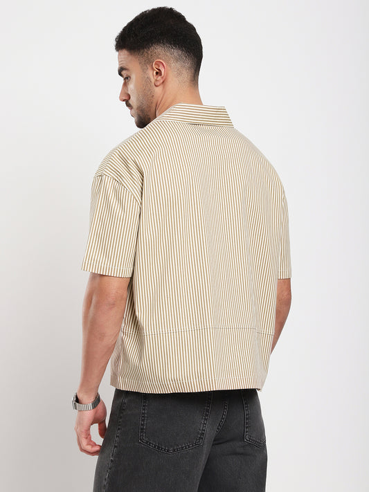 Walnut Brown Pinstripe Oversized Twin Pocket Crop Shirt
