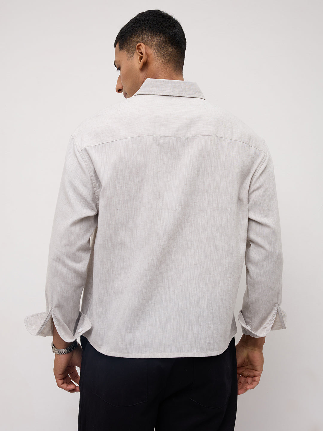 Grey Melange Textured Boxy Fit Crop Shirt