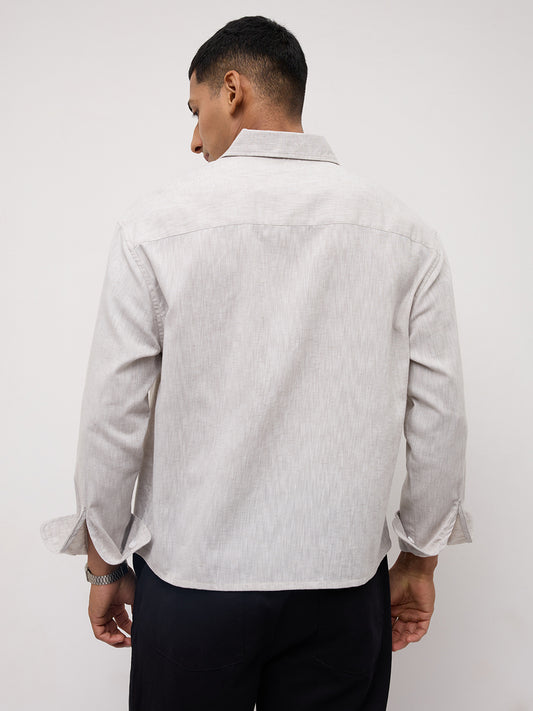 Grey Melange Textured Boxy Fit Crop Shirt