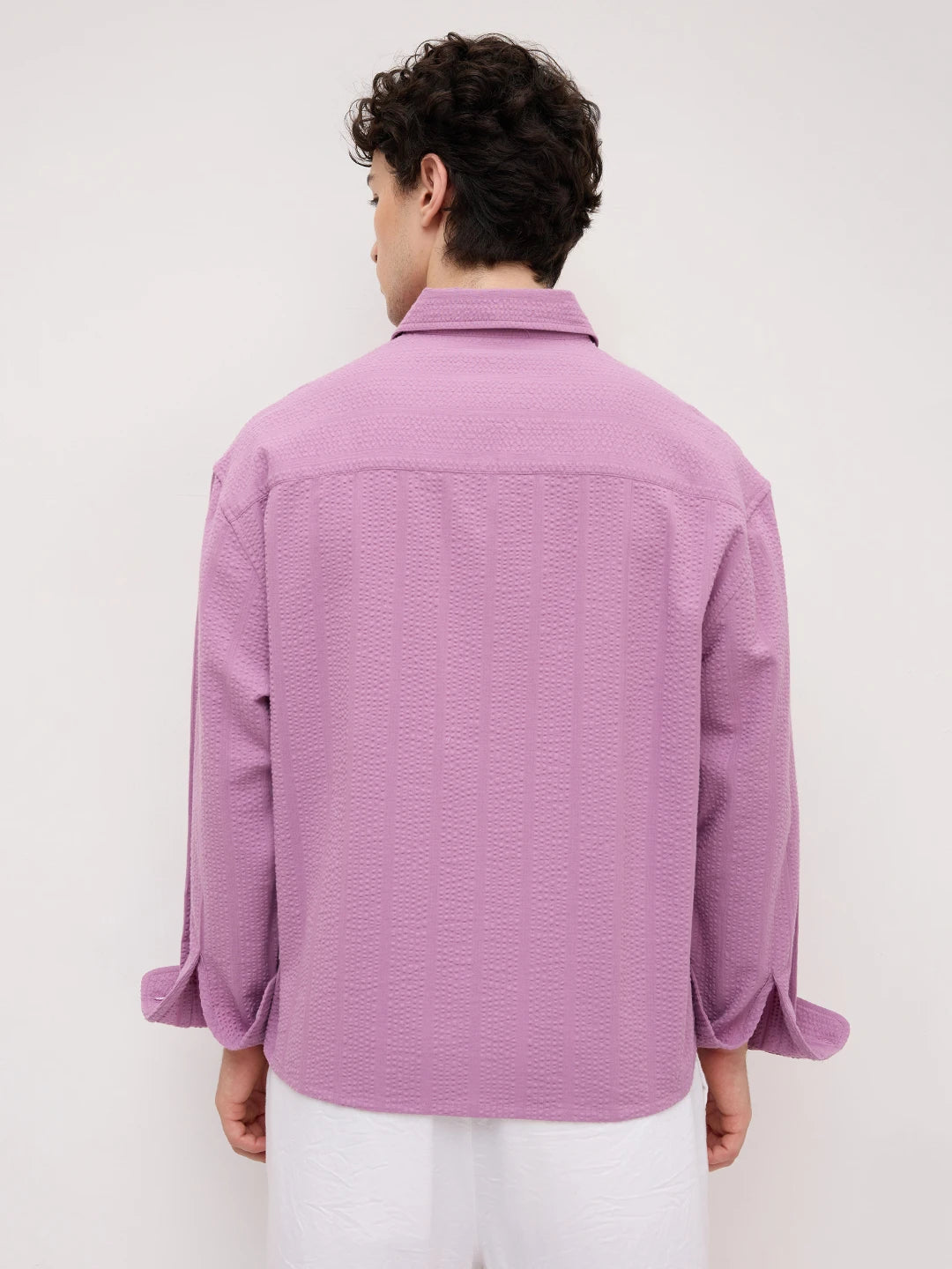 Luxury Purple Seersucker Striped Boxy Fit Crop Shirt